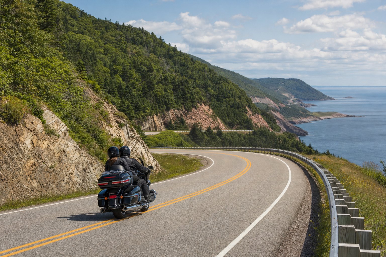 Moto sur le Cabot Trail, entre les falaises boisées et l’océan