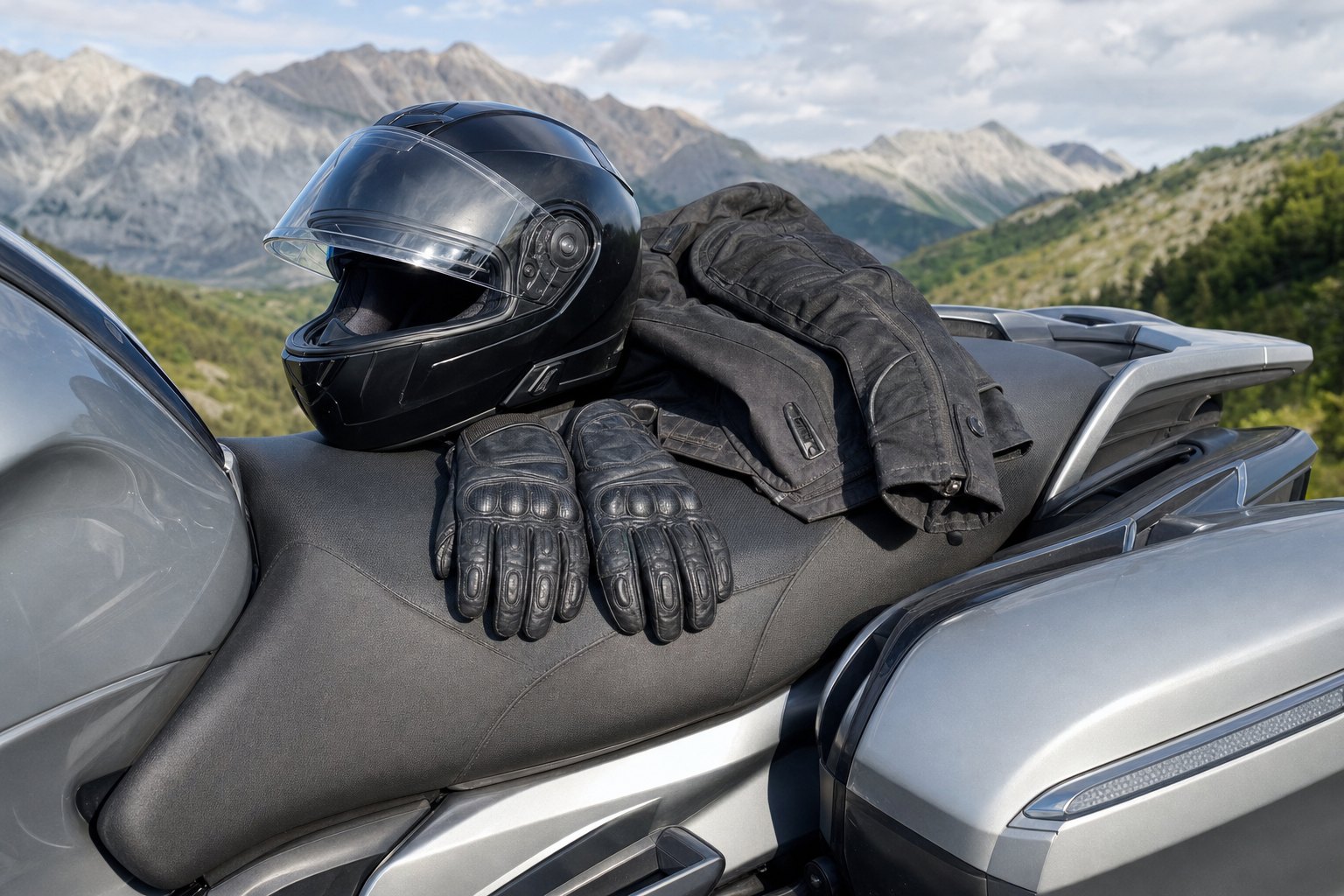 Casque, gants et manteau de moto posés sur la selle