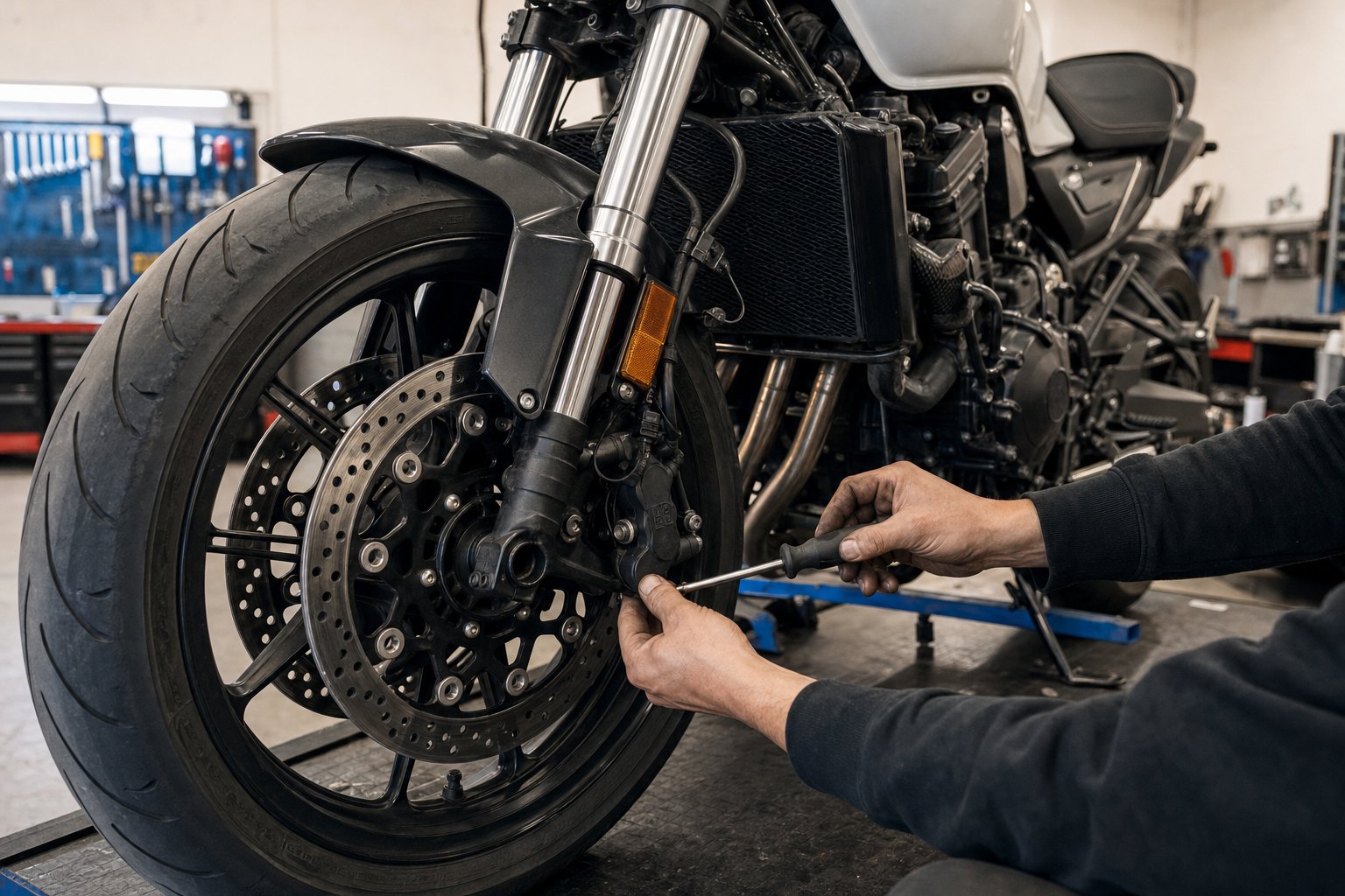 Mécanicien qui inspecte le frein avant d’une moto en atelier