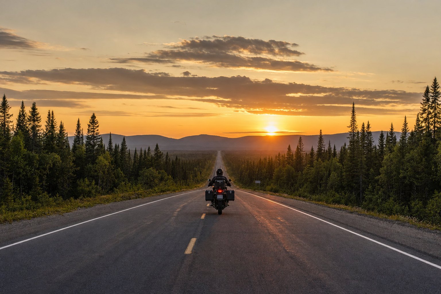Motocycliste sur une longue route droite en forêt au coucher du soleil
