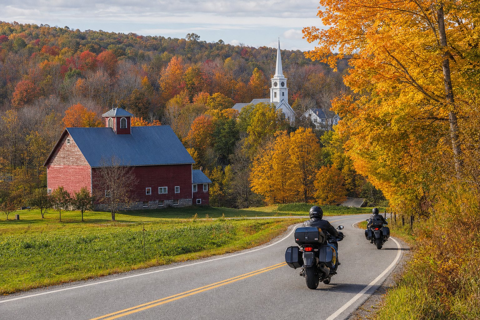 Deux motos sur une route de campagne du Vermont, grange rouge et érables en couleurs